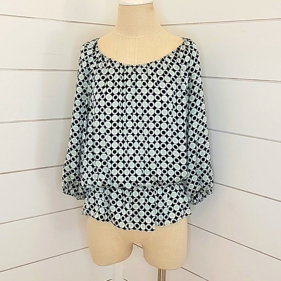 VINCE CAMUTO small blue & white circles sheer blouse - Picture 1 of 6